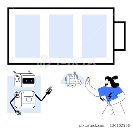 Robot and woman near large battery and energy icons, engaging with sustainable energy sources. Ideal for tech innovation, sustainability, renewable energy, robotics, human-machine interaction Robot and woman near large battery and energy icons, engaging with sustainable energy sources. Ideal for tech innovation, sustainability, renewable energy, robotics, human-machine interaction 130102596