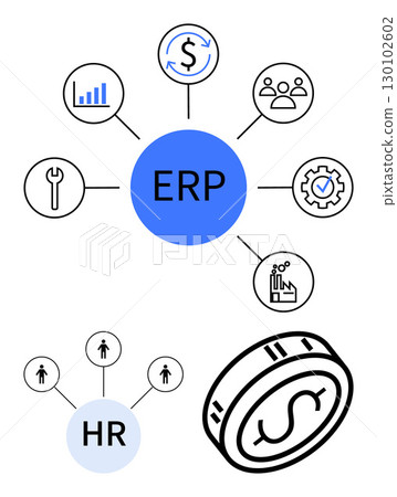 ERP system central node connected to analytics, finance, HR, and tools. HR node links to people icons, coin symbolizes financial aspects. Ideal for business, finance, HR management logistics 130102602