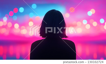 woman with short hair stands in silhouette against vibrant backdrop of colorful lights, New Year celebration. scene evokes feelings of wonder and contemplation 130102724