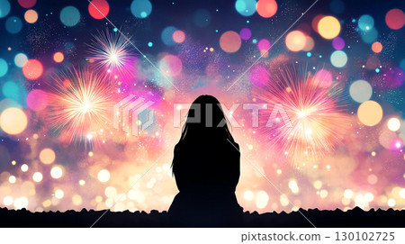 woman with short hair stands in silhouette against vibrant backdrop of colorful lights, New Year celebration. scene evokes feelings of wonder and contemplation 130102725