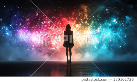 woman stands in awe, facing vibrant display of midnight fireworks, with colorful bursts illuminating night sky. scene evokes sense of wonder and celebration 130102726