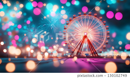 vibrant ferris wheel illuminated by colorful lights, surrounded by sparkling bokeh and fireworks in background, creating festive atmosphere 130102749