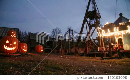 Halloween pumpkins glowing at night in spooky carnival amusement park, jack o lanterns near ferris wheel, eerie autumn holiday celebration 130103098