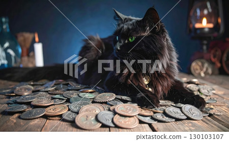 Black cat sitting on table with old coins, spooky Halloween atmosphere with mysterious feline and haunted symbolism Black cat sitting on table with old coins, spooky Halloween atmosphere with mysterious feline and haunted symbolism 130103107