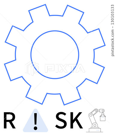 Gear outline, exclamation mark in triangle, letter RISK with robotic arm. Ideal for industrial safety, automation, risk management, engineering, robotics manufacturing visual warnings. Line Gear outline, exclamation mark in triangle, letter RISK with robotic arm. Ideal for industrial safety, automation, risk management, engineering, robotics manufacturing visual warnings. Line 130103133