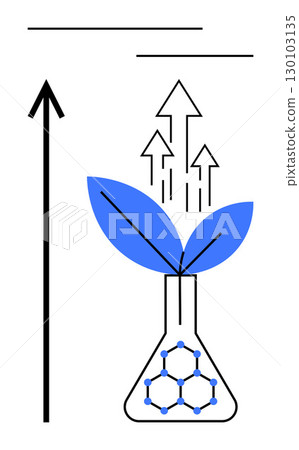 Laboratory flask with green leaves upward arrows, molecular pattern symbolizes growth, innovation, sustainability, biotechnology, new ideas, environmental science. Ideal for progress themes. Line Laboratory flask with green leaves upward arrows, molecular pattern symbolizes growth, innovation, sustainability, biotechnology, new ideas, environmental science. Ideal for progress themes. Line 130103135