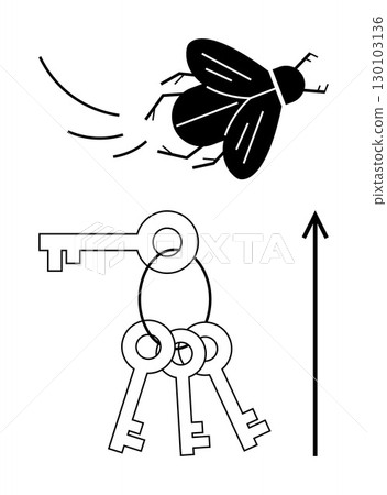 Black fly with flight path three linked retro keys upward arrow. Ideal for exploration, freedom, direction, unlocking, movement, growth, ambition. Line metaphor Black fly with flight path three linked retro keys upward arrow. Ideal for exploration, freedom, direction, unlocking, movement, growth, ambition. Line metaphor 130103136