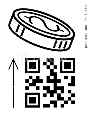 Digital currency coin above a QR code with an upward pointing arrow. Ideal for fintech, digital payments, cryptocurrency, investment, e-commerce, financial technology, marketing. Line metaphor Digital currency coin above a QR code with an upward pointing arrow. Ideal for fintech, digital payments, cryptocurrency, investment, e-commerce, financial technology, marketing. Line metaphor 130103152