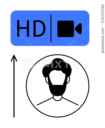 HD icon with video camera arrow and circle with human bust. Ideal for technology, communication, media, user interface, online presence, digital interaction, profile setup. Line metaphor HD icon with video camera arrow and circle with human bust. Ideal for technology, communication, media, user interface, online presence, digital interaction, profile setup. Line metaphor 130103162