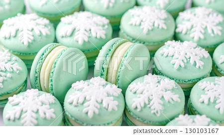 Mint green snowflake macarons 130103167