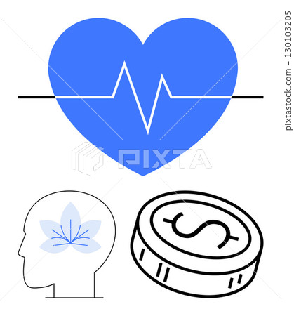 Blue heart with heartbeat line, head outline with flower symbol inside, dollar coin. Ideal for mental health, wellness, finance, mindfulness, work-life balance holistic health self-care. Line Blue heart with heartbeat line, head outline with flower symbol inside, dollar coin. Ideal for mental health, wellness, finance, mindfulness, work-life balance holistic health self-care. Line 130103205