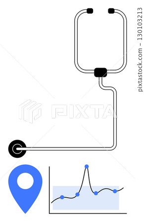 Stethoscope blue location pin, graph with data points represent healthcare insights. Ideal for medical data, technology, innovation, analytics, navigation, healthcare solutions, performance metrics 130103213