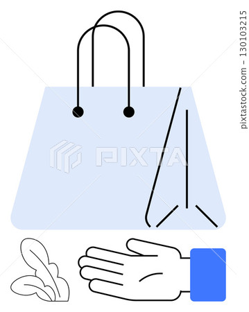 Hand holding a shopping bag with leaves. Ideal for commerce, sustainability, charity, eco-friendliness, minimalism, organic products, and community support. Line metaphor Hand holding a shopping bag with leaves. Ideal for commerce, sustainability, charity, eco-friendliness, minimalism, organic products, and community support. Line metaphor 130103215