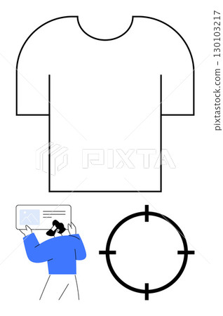 Outlined T-shirt, designer working on tablet, and target mark for printing alignment. Ideal for fashion design, custom apparel, print services, graphic design, online stores, branding marketing Outlined T-shirt, designer working on tablet, and target mark for printing alignment. Ideal for fashion design, custom apparel, print services, graphic design, online stores, branding marketing 130103217