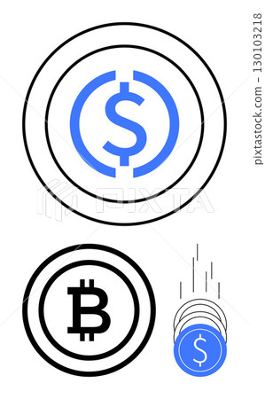 Dollar sign in blue circle, Bitcoin sign in black circle, coins dropping. Ideal for finance, cryptocurrency, digital currency, economy, online transactions investment educational purposes. Line Dollar sign in blue circle, Bitcoin sign in black circle, coins dropping. Ideal for finance, cryptocurrency, digital currency, economy, online transactions investment educational purposes. Line 130103218