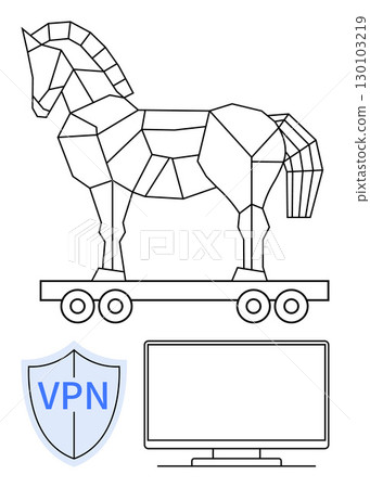Trojan horse on wheels, VPN shield icon, and a computer monitor representing online security threats. Ideal for cybersecurity, digital protection, IT education, online safety training, data privacy Trojan horse on wheels, VPN shield icon, and a computer monitor representing online security threats. Ideal for cybersecurity, digital protection, IT education, online safety training, data privacy 130103219