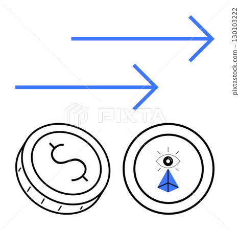 Two distinct coins, one with a dollar symbol and the other with an eye and pyramid, with blue arrows above them indicating transfer. Ideal for finance, digital currency, blockchain, fintech Two distinct coins, one with a dollar symbol and the other with an eye and pyramid, with blue arrows above them indicating transfer. Ideal for finance, digital currency, blockchain, fintech 130103222