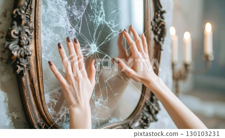Hands touching cracked haunted mirror, spooky halloween horror atmosphere with ghostly reflection, mysterious october night background for scary design and creepy concept Hands touching cracked haunted mirror, spooky halloween horror atmosphere with ghostly reflection, mysterious october night background for scary design and creepy concept 130103231