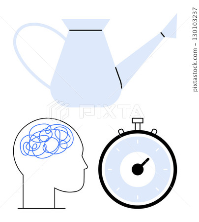 Watering can human brain with tangled lines stopwatch. Ideal for mental health, mindfulness, productivity, cognitive development, time management, stress relief, self-care. Line metaphor 130103237