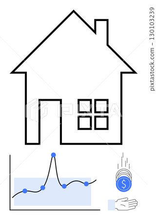 House outline investment graph with blue trend points hand catching coins. Ideal for finance, real estate, investment, housing market, economic growth, data analysis, business strategy. Line 130103239