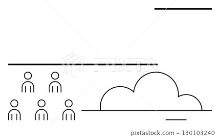 Simple line art features six people arranged in two rows of three, accompanied by a large cloud. Ideal for themes related to teamwork, community, social gathering, weather, organization, networking Simple line art features six people arranged in two rows of three, accompanied by a large cloud. Ideal for themes related to teamwork, community, social gathering, weather, organization, networking 130103240