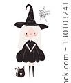 Little witch with cat, girl in black pumpkin costume and sorceress hat for Halloween, holiday masquerade. Cute cartoon vector illustration isolated on white background. Design for invitation, poster 130103241