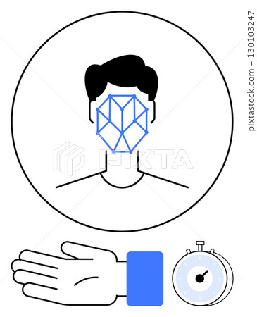 Head with facial recognition mesh, stopwatch, and hand. Ideal for technology, security, time efficiency, biometric identification, authentication AI innovation. Line metaphor Head with facial recognition mesh, stopwatch, and hand. Ideal for technology, security, time efficiency, biometric identification, authentication AI innovation. Line metaphor 130103247