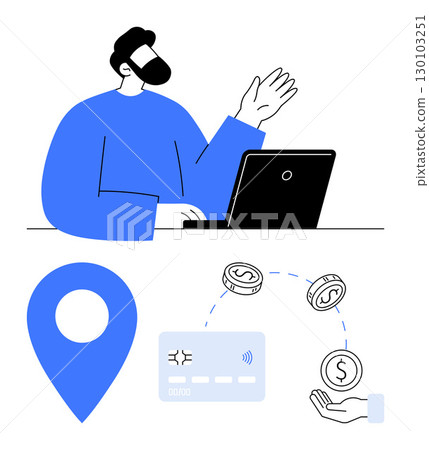 Man working on laptop above map pin, credit card, and currency icons. Ideal for remote work, online transactions, digital payments, financial technology, location services, e-commerce virtual 130103251
