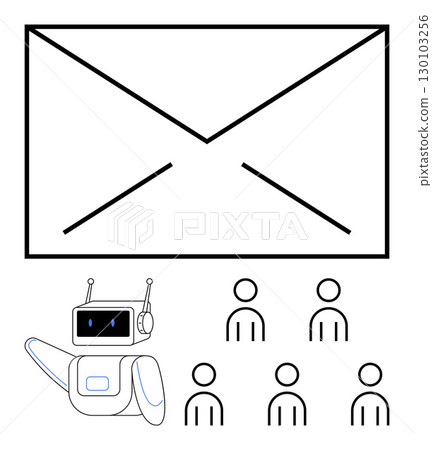 Robot handing large envelope to six stick figures. Ideal for communication, teamwork, technology, automation, digital messaging, AI, innovation themes. Line metaphor 130103256