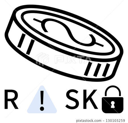 Coin with dollar sign, exclamation mark inside a triangle, and lock illustrating financial risk. Ideal for finance, security, investment, banking, cybersecurity awareness education. Line metaphor 130103259