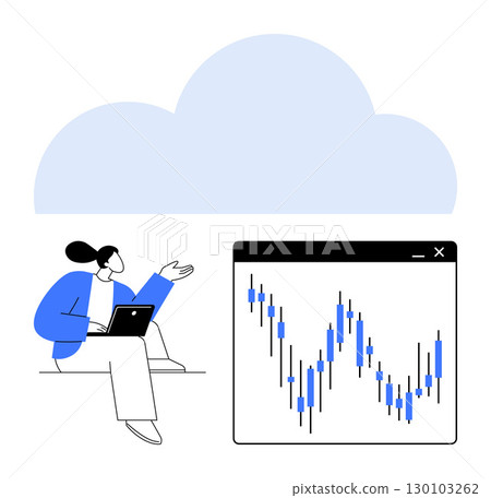 Woman working on a laptop, gesturing towards a stock market chart. Large cloud symbol indicates cloud storage. Ideal for finance, data analysis, technology, business presentations, cloud services 130103262