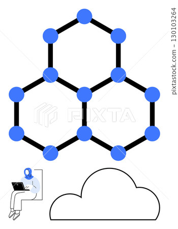 Network of blue nodes connected by black lines forming a hexagonal structure above a person on a laptop near a cloud outline. Ideal for technology, data analysis, cloud computing, remote work Network of blue nodes connected by black lines forming a hexagonal structure above a person on a laptop near a cloud outline. Ideal for technology, data analysis, cloud computing, remote work 130103264