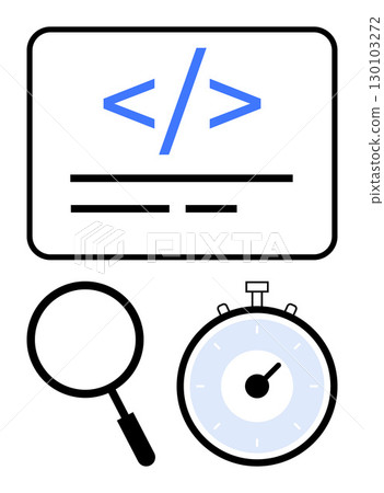 Coding tags on a screen magnifying glass stopwatch. Ideal for programming, development, debugging, performance, analysis, coding, speed optimization. Line metaphor 130103272