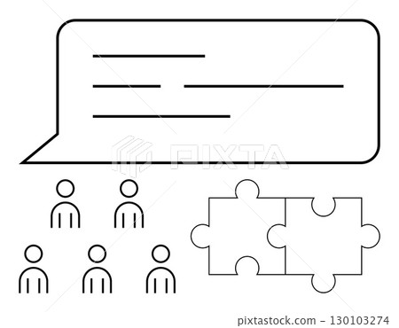 Speech bubble representing communication, six human figures illustrating team, two connected puzzle pieces. Ideal for themes thumbs up teamwork, communication, problem-solving, collaboration 130103274