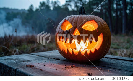 Halloween pumpkin with glowing carved face in dark forest, spooky atmosphere at night, traditional seasonal decoration for autumn holiday background 130103282