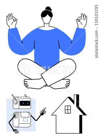Woman meditating humanoid robot with AI, simple house outline. Ideal for mindfulness, AI technology, home comfort, modern living, balance, simplicity, and digital integration themes. Line metaphor 130103295