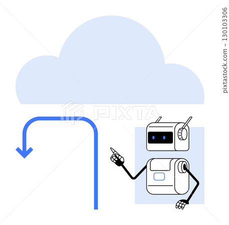 Robot with pointer stands beside download arrow aiming at cloud. Ideal for technology, digital services, automation, cloud storage, data management, artificial intelligence, future tech. Line 130103306