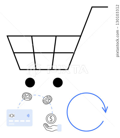 Shopping cart with payment methods, coins, and a recycling arrow. Ideal for e-commerce, payment systems, refunds, digital transactions, shopping apps finance business processes. Line metaphor 130103312