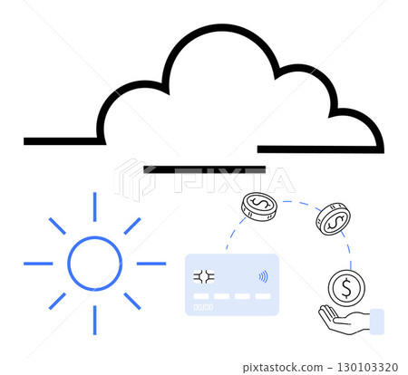 Cloud and sun symbols, digital payment card connected to coins, human hand receiving money. Ideal for online banking, fintech, digital payments, cloud computing, finance tech, security financial 130103320