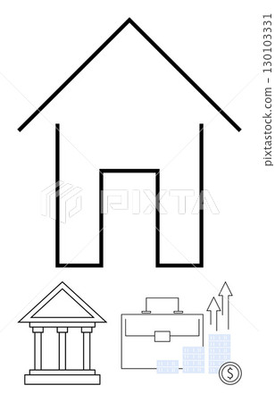 House outline with bank, briefcase, ascending graph, and coin stack. Ideal for real estate, finance, banking, investment economic growth business strategy market trends. Line metaphor 130103331