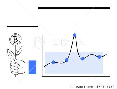Hand holding Bitcoin with plant symbolizes growth next to rising and falling line graph. Ideal for finance, cryptocurrency, investment, growth, sustainability, market analysis, innovation. Line 130103338