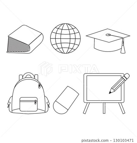 Back to School Outline Icons Collection. Set of school and education outline icons. Simple line art vector for learning, teaching, study, and back to school themes. 130103471
