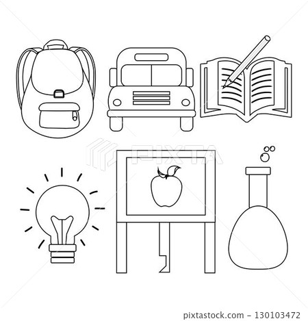 Back to School Outline Icons Collection. Set of school and education outline icons. Simple line art vector for learning, teaching, study, and back to school themes. 130103472