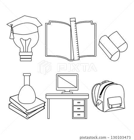 Back to School Outline Icons Collection. Set of school and education outline icons. Simple line art vector for learning, teaching, study, and back to school themes. 130103473