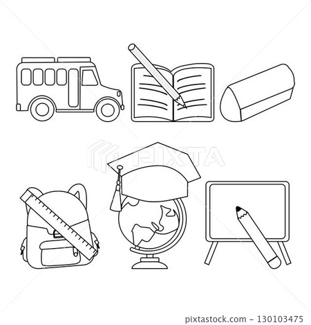 Back to School Outline Icons Collection. Set of school and education outline icons. Simple line art vector for learning, teaching, study, and back to school themes. Back to School Outline Icons Collection. Set of school and education outline icons. Simple line art vector for learning, teaching, study, and back to school themes. 130103475