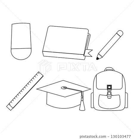 Back to School Outline Icons Collection. Set of school and education outline icons. Simple line art vector for learning, teaching, study, and back to school themes. 130103477