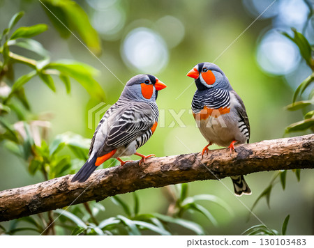 Colorful australian zebra finch birds perching on a branch in the forest. 130103483