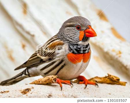 Portrait of beautiful vibrant zebra finch sitting on the ground. 130103507