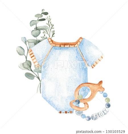 Baby Boy composition in eco style. Bodysuit, Teething ring with letters spelling BOY and eucalyptus floral bouquet. Watercolor hand painted cute kid clothes on a white background. For baby shower, its 130103529