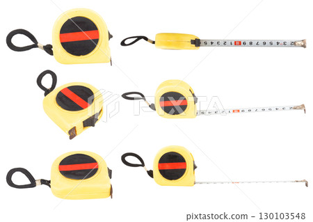 Yellow tape measure isolated on white background Yellow tape measure isolated on white background 130103548